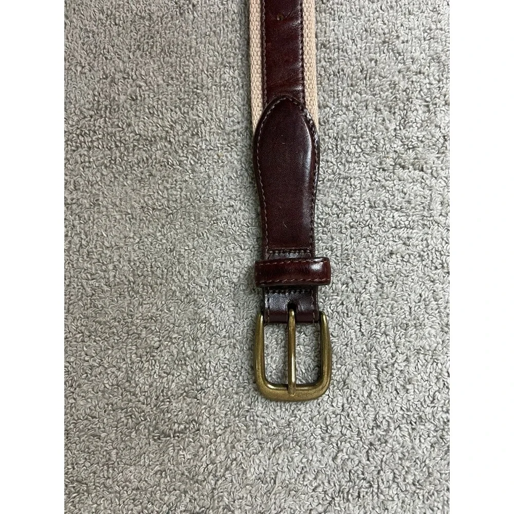 Southern Tide Mens Canvas Leather Skipjack Fish Belt Brown Tan Brass Buckle 36